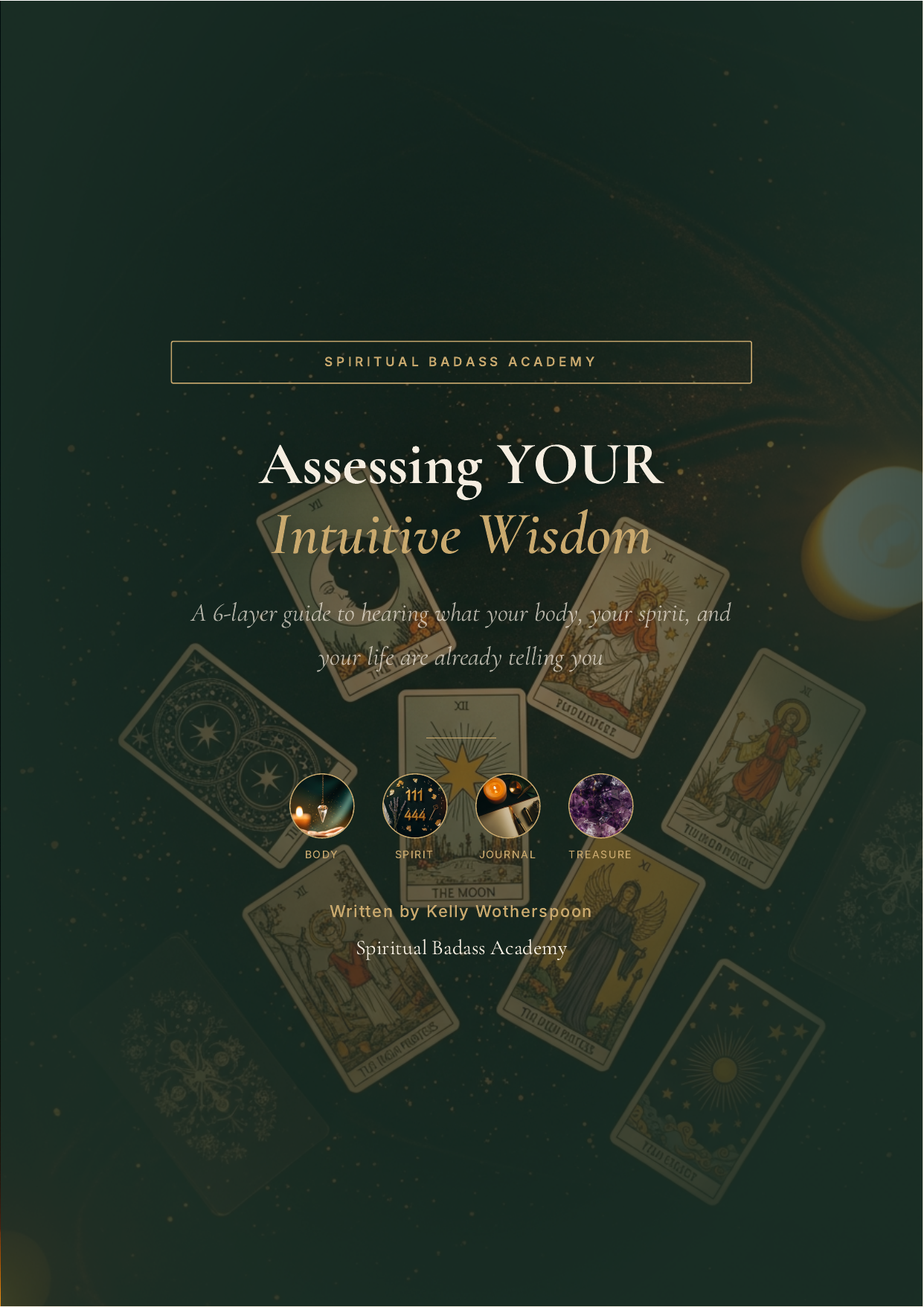 Cover - tarot card spread on cosmic dark green altar
