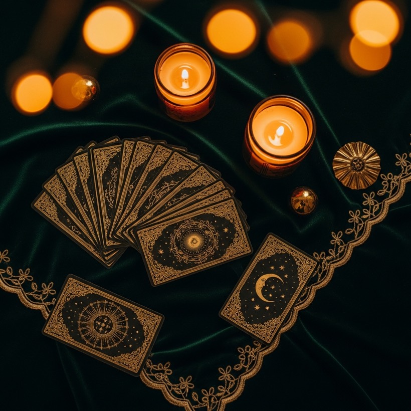 Tarot and oracle cards on green velvet